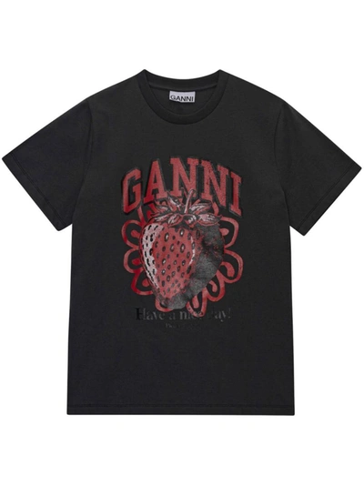 Shop Ganni Printed Cotton T-shirt In Black