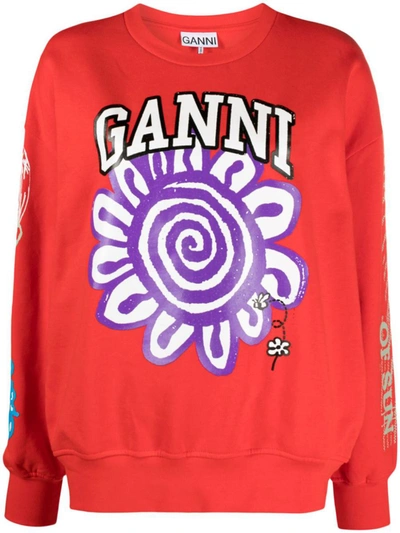 Shop Ganni Printed Organic Cotton Sweatshirt In Orange