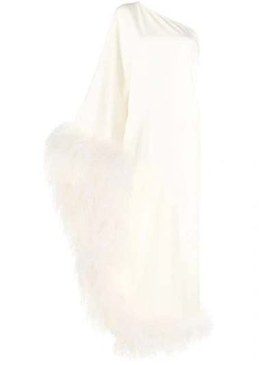 Shop Taller Marmo Ubud One-shoulder Feather-trimmed Crepe Maxi Dress In White