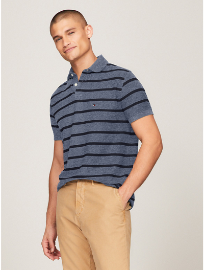 Tommy Hilfiger Regular Fit Stripe Wicking Polo In Medium Blue Heather