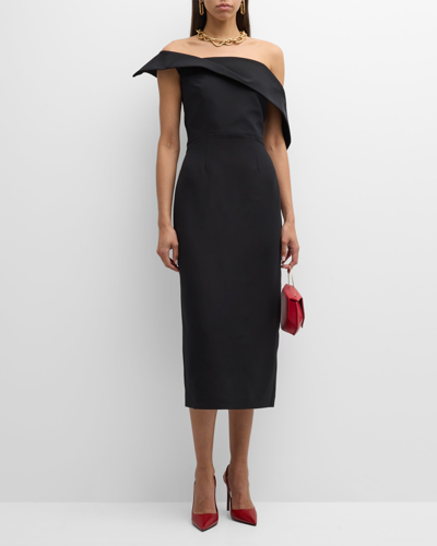 Shop Roland Mouret Asymmetric Off-the-shoulder Wool-silk Midi Dress In Black
