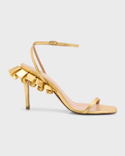 Shop Andrea Wazen Rouches Metallic Ankle-strap Sandals In Gold Metalic