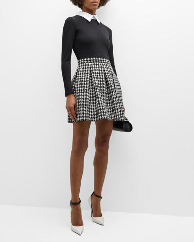 Shop Alice And Olivia Chara Long-sleeve Pleated Mini Dress With Collar In Black/off White