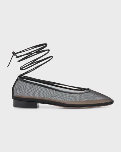 Shop Andrea Wazen Diana Mesh Ankle-wrap Ballerina Flats In Black