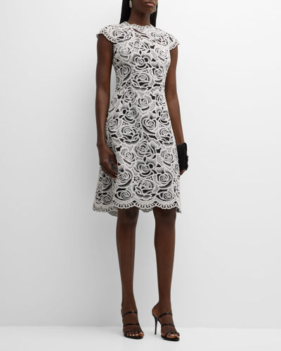 Shop Rickie Freeman For Teri Jon Cap-sleeve Floral Lace Midi Dress In Blackwhite