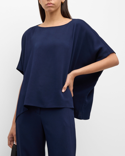 Shop Natori High-low Boat-neck Crepe Blouse In Midnight Navy