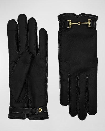 Shop Agnelle Classic Buckled Leather & Cashmere Gloves In Tnoir