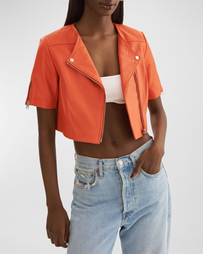 Shop Lamarque Kirsi Short-sleeve Leather Jacket In Spicy Orange