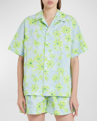 Shop Marni Floral-print Camp-collar Shirt In Aqua