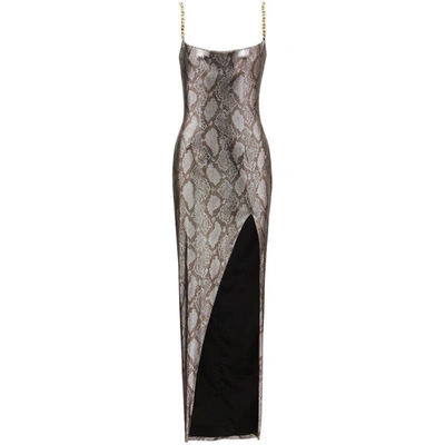 Balmain Shiny Python Gown With Chain Detail In Silver