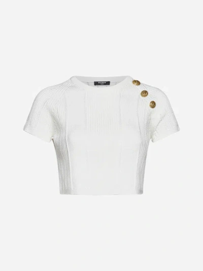 Shop Balmain Button-detail Knit Cropped Top In White