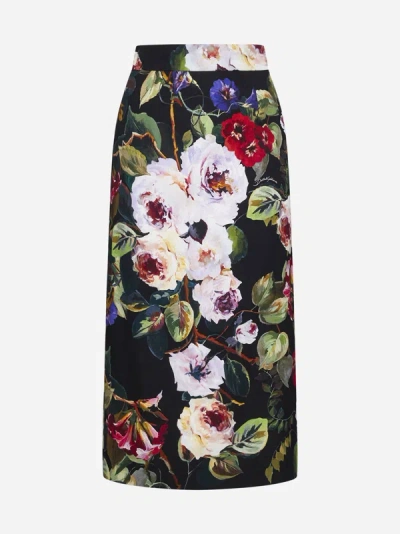 Shop Dolce & Gabbana Floral Print Silk Midi Skirt In Black,multicolor