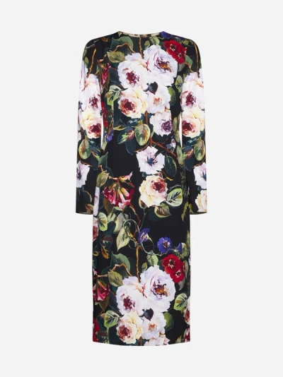 Shop Dolce & Gabbana Floral Print Silk Midi Dress In Black,multicolor