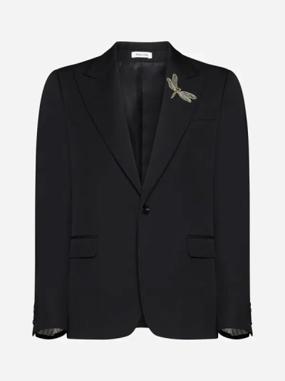 Shop Alexander Mcqueen Dragonfly-pin Wool Single-breasted Blazer In Black