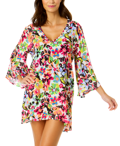 Shop Anne Cole Women's Floral Flounce Cover-up Tunic In Sun Blossom Multi