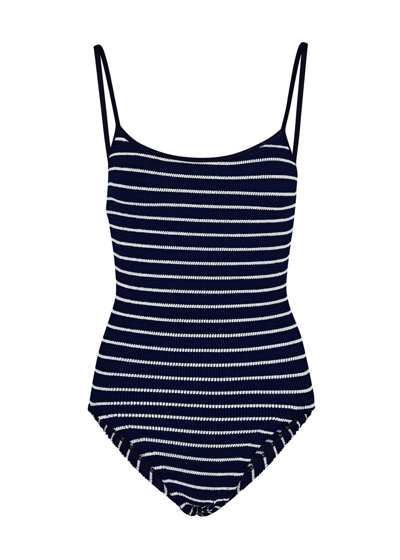 Shop Hunza G Pamela Striped Seersucker Swimsuit In Navy
