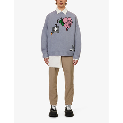 Shop Undercover Men's Lavender Rose Graphic-patch Oversized Wool-knit Jumper In Purple