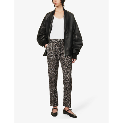 Shop Ikks Women's Grey Leopard-print Straight-leg High-rise Woven Trousers