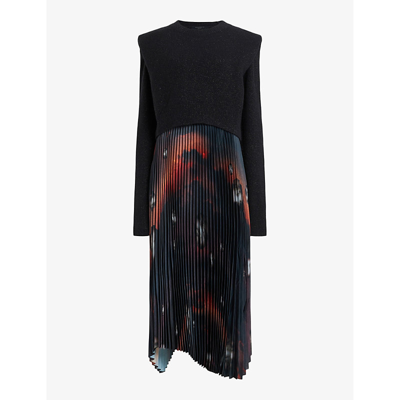 Shop Allsaints Women's Black/fire Red Leia Convertible Pleated Knitted And Woven Midi Dress