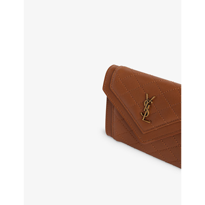 Shop Saint Laurent Ginger Brown Gaby Logo-embellished Leather Card Holder