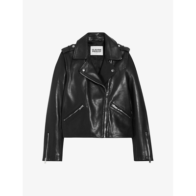 Shop Claudie Pierlot Women's Noir / Gris Cuzia Pointed-collar Slim-fit Leather Biker Jacket
