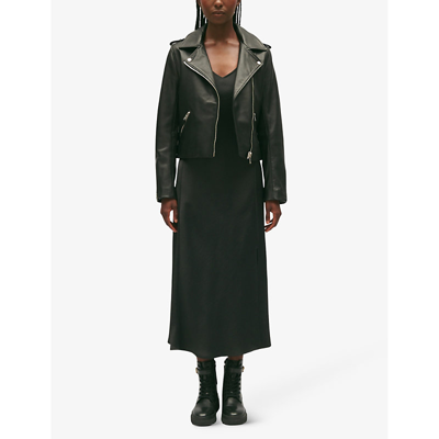 Shop Claudie Pierlot Women's Noir / Gris Cuzia Pointed-collar Slim-fit Leather Biker Jacket