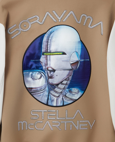 Shop Stella Mccartney Vitruvian Woman Graphic Wool Varsity Jacket In Camel