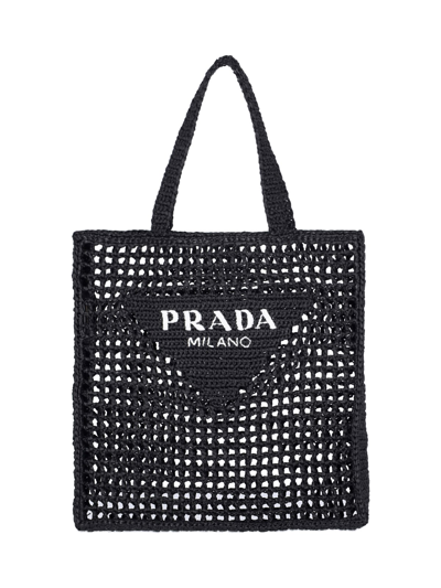 Shop Prada Logo Woven Tote Bag In Black  