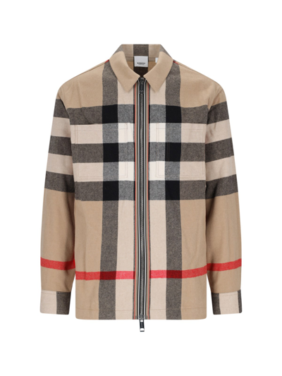 Shop Burberry 'check' Shirt Jacket In Beige