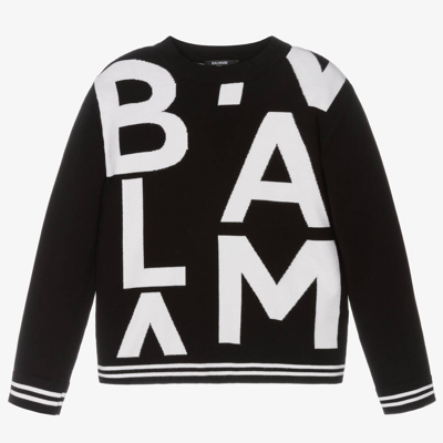 Shop Balmain Black & White Knitted Viscose Sweater