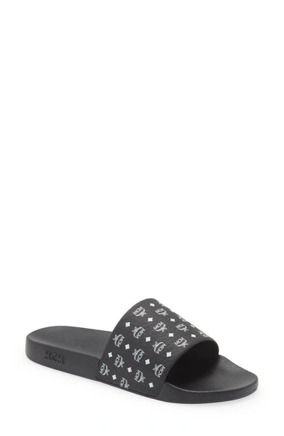 Shop Mcm Monogram Slide Sandal In Black/black