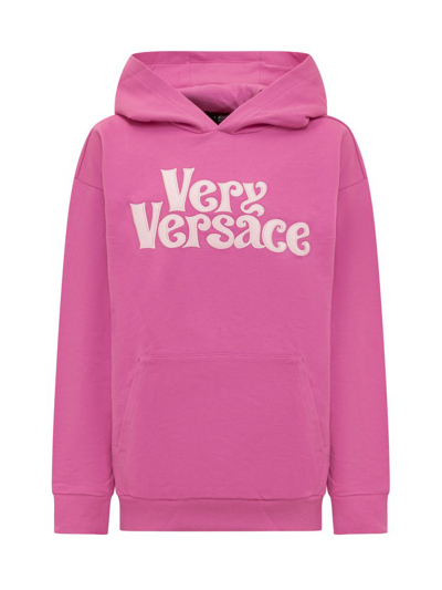 Shop Versace Kids Logo Patch Straight Hem Hoodie In Pink