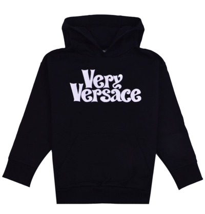 Shop Versace Kids Logo Patch Straight Hem Hoodie In Black