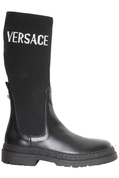 Shop Versace Kids Logo Intarsia Round Toe Boots In Black