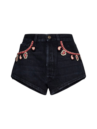 Shop Alanui Pattern Embroidered Denim Shorts In Navy