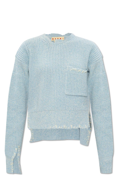 Shop Marni Contrast Stitched Logo Embroidered Jumper In Blue