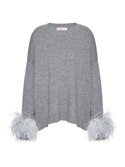 Shop Valentino Women's Wool Sweater With Feathers In Grey