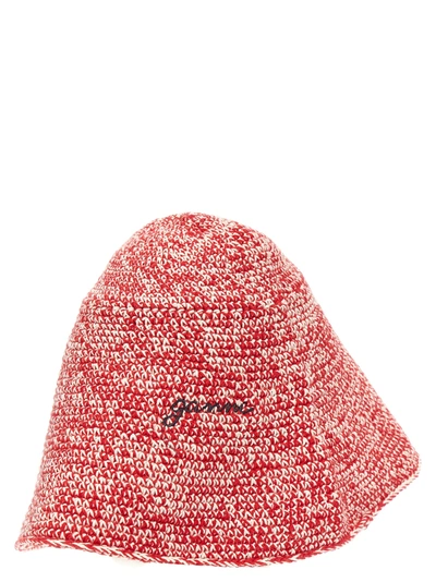 Shop Ganni Bucket Hat Crochet Logo Embroidery Hats Red