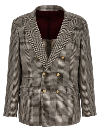 Shop Brunello Cucinelli Check Double-breasted Blazer Jackets Gray