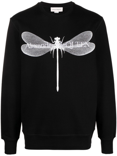 Shop Alexander Mcqueen Dragonfly Print Organic Cotton Sweatshirt In Black