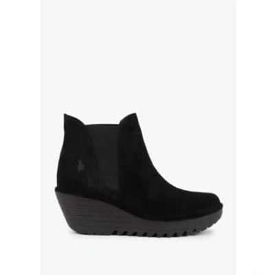 Shop Fly London Woss Black Suede Wedge Ankle Boots