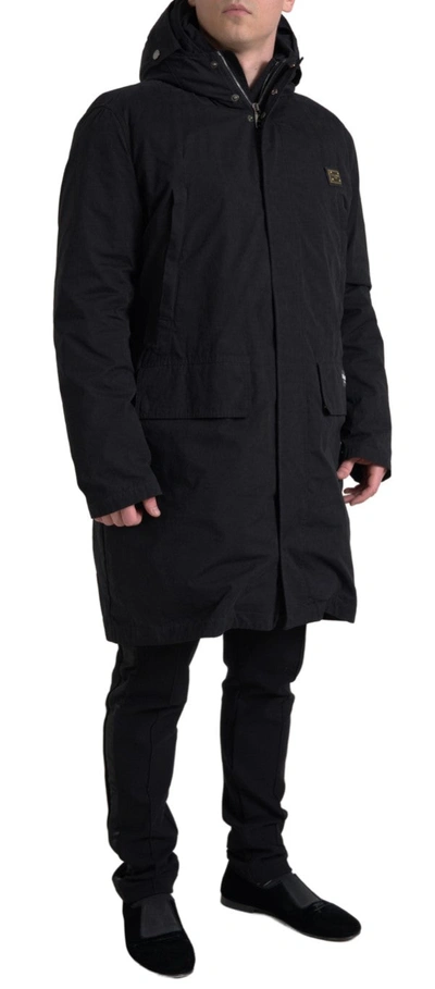 Shop Dolce & Gabbana Black Hooded Parka Cotton Trench Coat Jacket