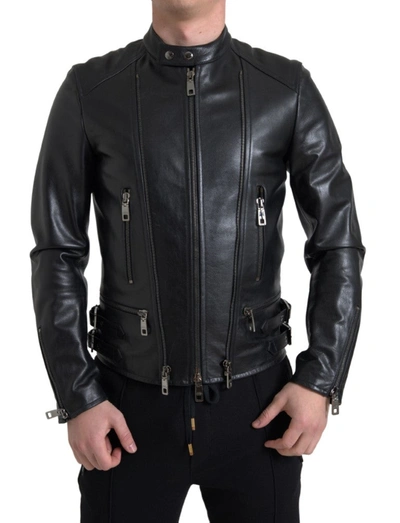 Shop Dolce & Gabbana Black Leather Zipper Coat Men Jacket