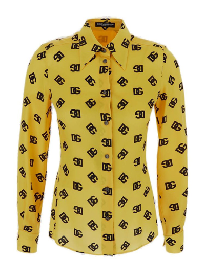 Shop Dolce & Gabbana Logo Printed Buttoned Shirt In Yellow