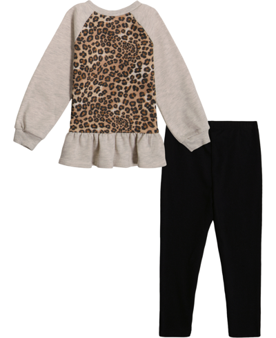 Shop Kids Headquarters Toddler Girls Leopard Heather Peplum Terry Tunic Top And Solid Leggings Set, 2 Piece In Oatmeal Heather