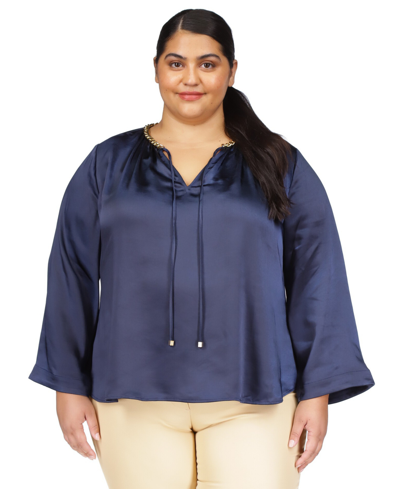 Shop Michael Kors Michael  Plus Size Chain-neck Bell-sleeve Satin Top In Midnight Blue