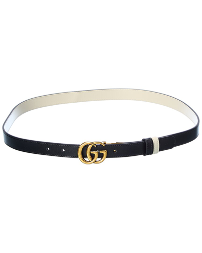 Shop Gucci Gg Marmont Thin Reversible Leather Belt In Black