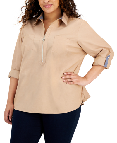 Shop Tommy Hilfiger Plus Size Chambray 1/2-zip Roll-tab-sleeve Cotton Popover Shirt In Brown Sugar Chambray
