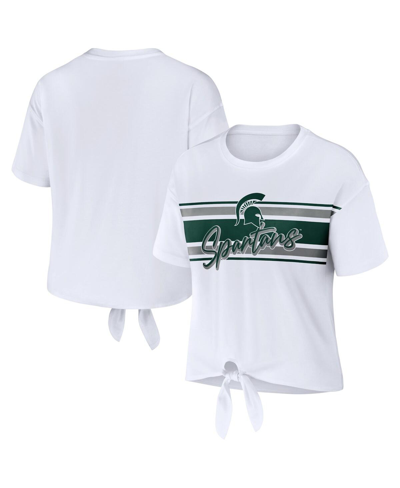 Wear By Erin Andrews White Michigan State Spartans Striped Front Knot Cropped T-shirt In White