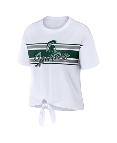 Wear By Erin Andrews White Michigan State Spartans Striped Front Knot Cropped T-shirt In White